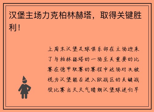 汉堡主场力克柏林赫塔，取得关键胜利！